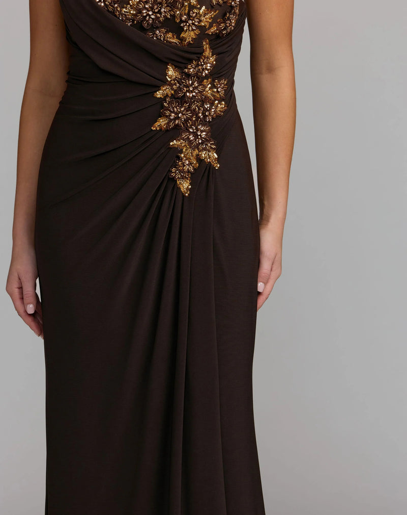 13243-Brown One Shoulder Embellished Jersey Gown polyester evening-gowns by Mac Duggal in brown for women Worldwide