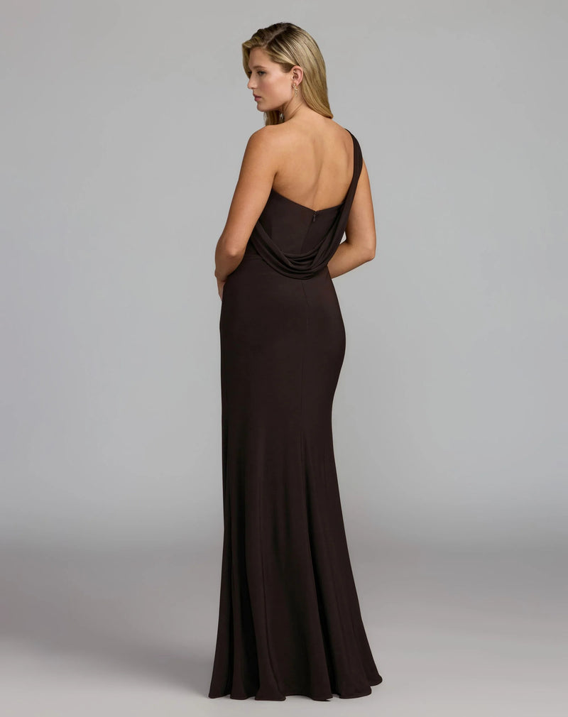 13243-Brown One Shoulder Embellished Jersey Gown polyester evening-gowns by Mac Duggal in brown for women Worldwide