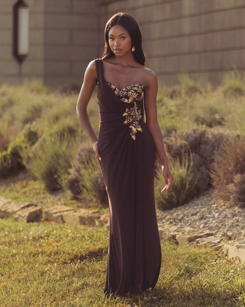 13243-Brown One Shoulder Embellished Jersey Gown polyester evening-gowns by Mac Duggal in brown for women Worldwide