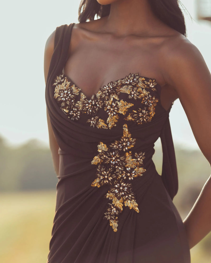 13243-Brown One Shoulder Embellished Jersey Gown polyester evening-gowns by Mac Duggal in brown for women Worldwide