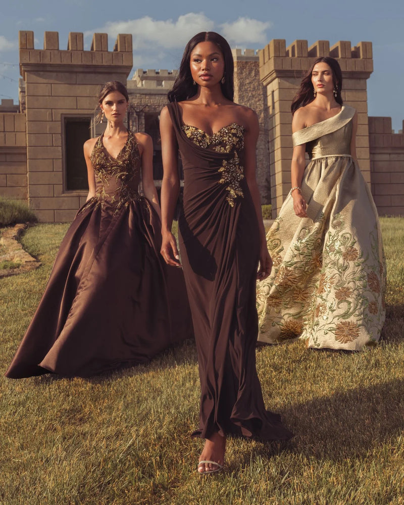 13243-Brown One Shoulder Embellished Jersey Gown polyester evening-gowns by Mac Duggal in brown for women Worldwide