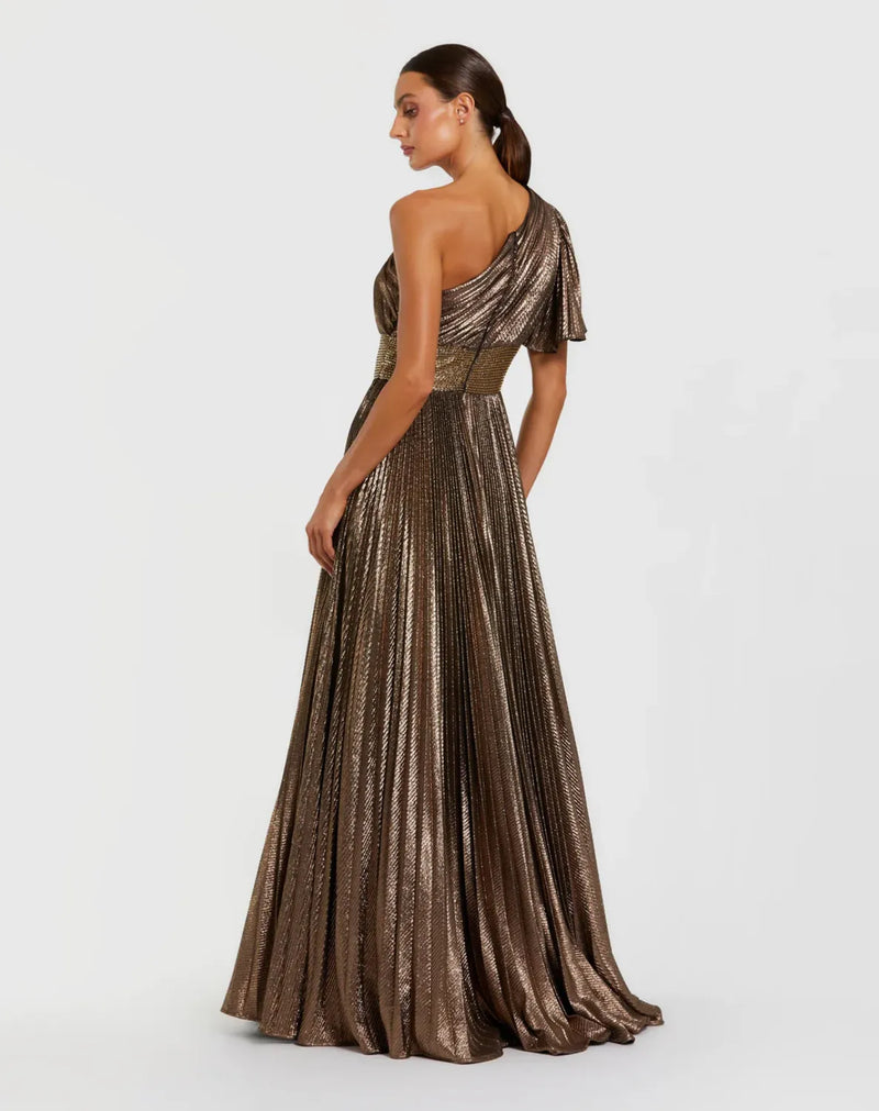 Brown One Shoulder Pleated Metallic Ball Gown by Mac Duggal for women Worldwide