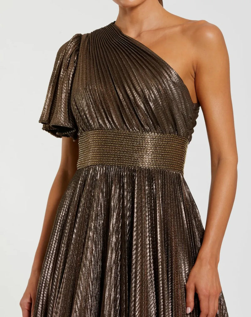 Brown One Shoulder Pleated Metallic Ball Gown by Mac Duggal for women Worldwide