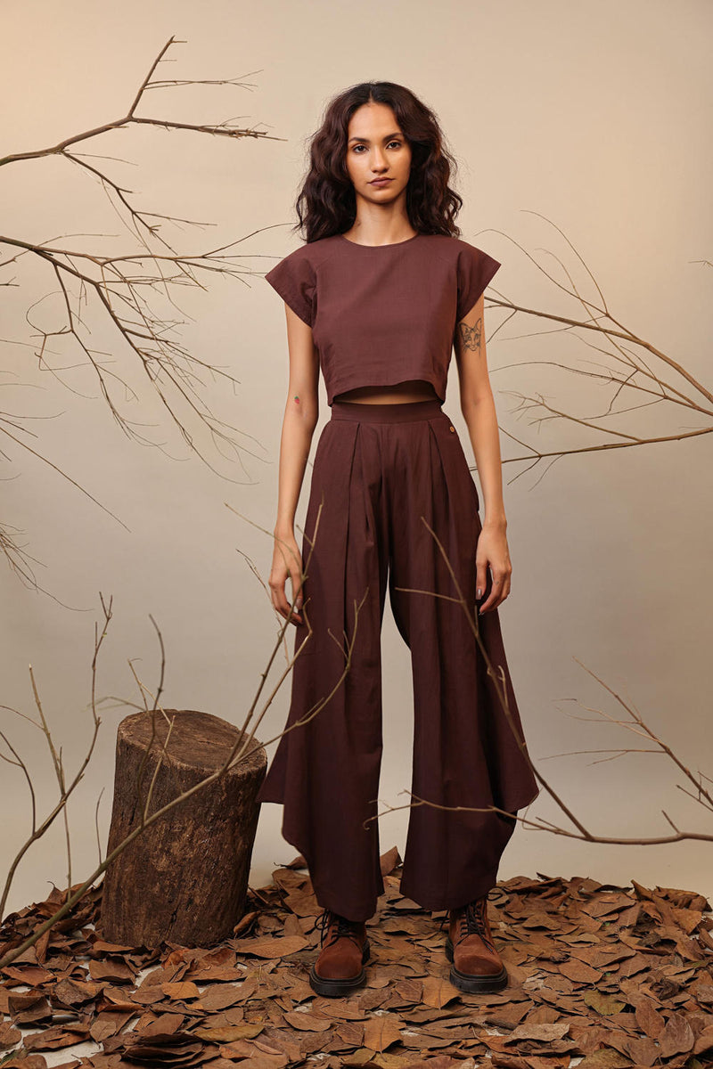 Brown PL Cowl Pants 100% cotton by Mati in brown color for women Worldwide