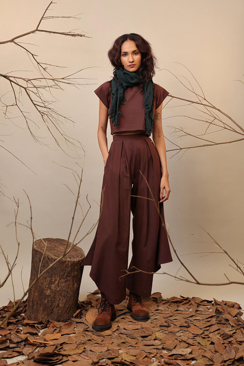 Brown PL Cowl Pants 100% cotton by Mati in brown color for women Worldwide