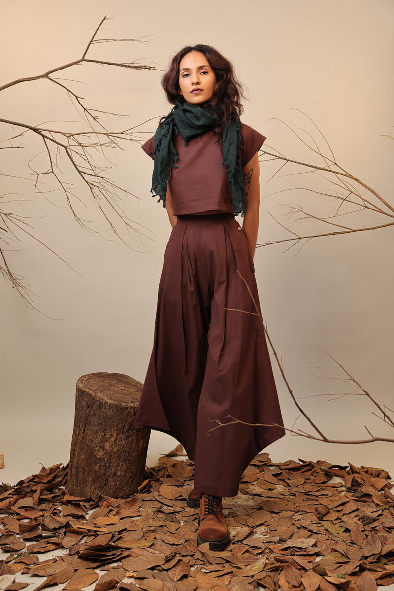 Brown PL Cowl Pants 100% cotton by Mati in brown color for women Worldwide
