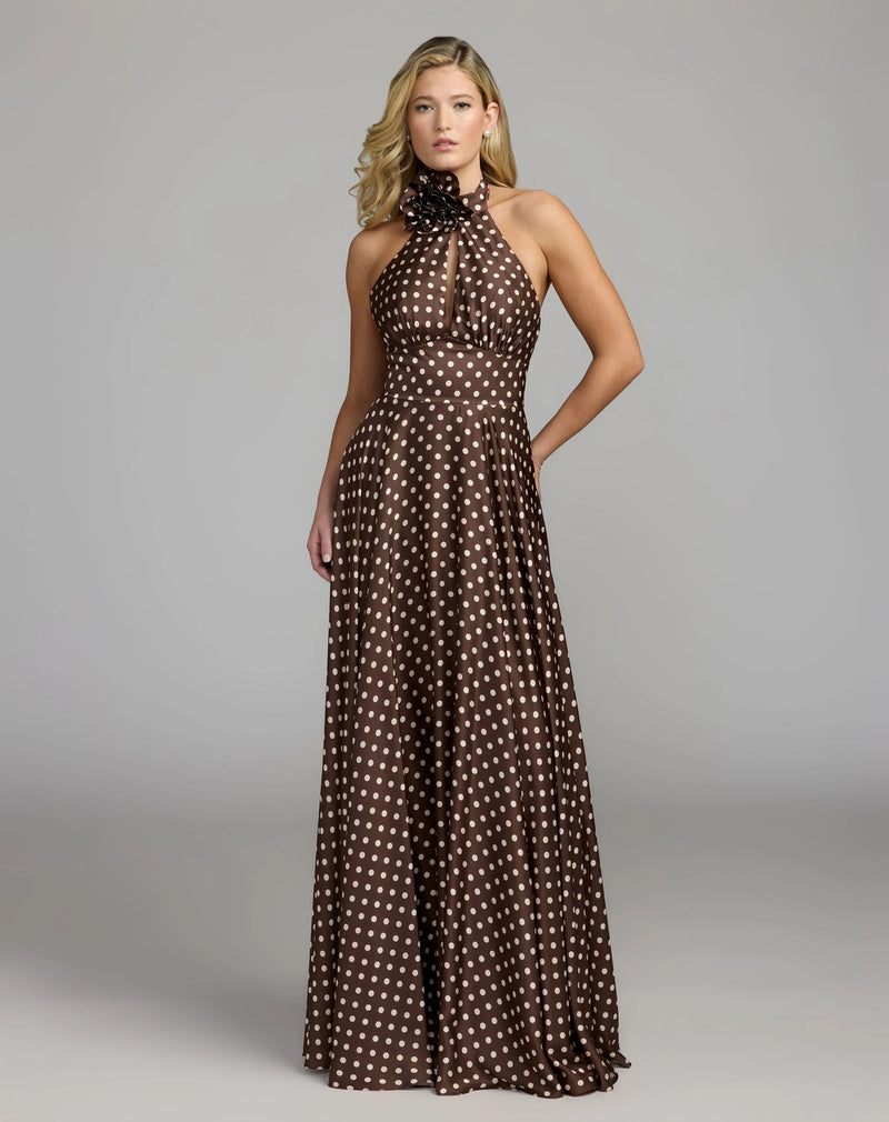 50210-Brown Polka Dot A-Line Halter Gown With Rosette polyester evening-gowns by Mac Duggal in multi-color for women Worldwide