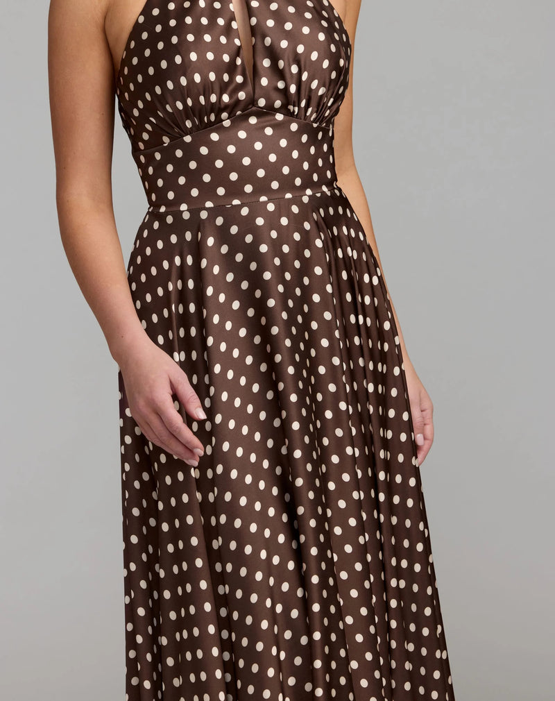 50210-Brown Polka Dot A-Line Halter Gown With Rosette polyester evening-gowns by Mac Duggal in multi-color for women Worldwide