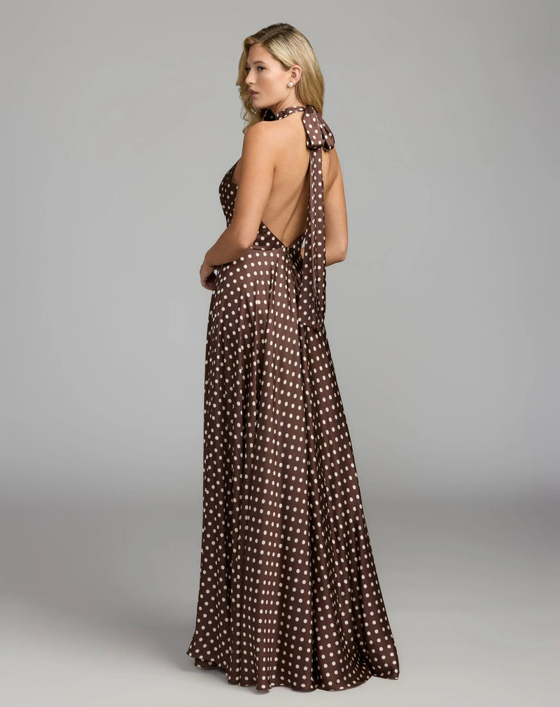 50210-Brown Polka Dot A-Line Halter Gown With Rosette polyester evening-gowns by Mac Duggal in multi-color for women Worldwide