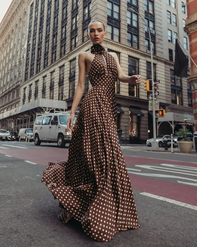 50210-Brown Polka Dot A-Line Halter Gown With Rosette polyester evening-gowns by Mac Duggal in multi-color for women Worldwide