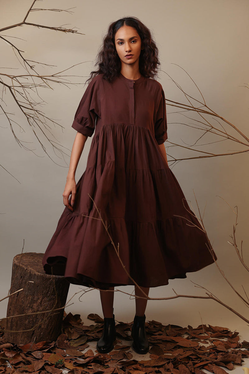 Brown Raglan Tiered Dress 100% cotton by Mati in brown color for women Worldwide