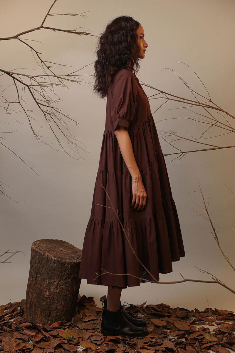 Brown Raglan Tiered Dress 100% cotton by Mati in brown color for women Worldwide
