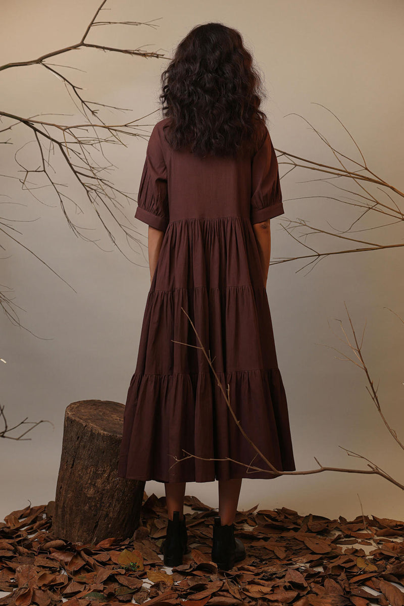 Brown Raglan Tiered Dress 100% cotton by Mati in brown color for women Worldwide