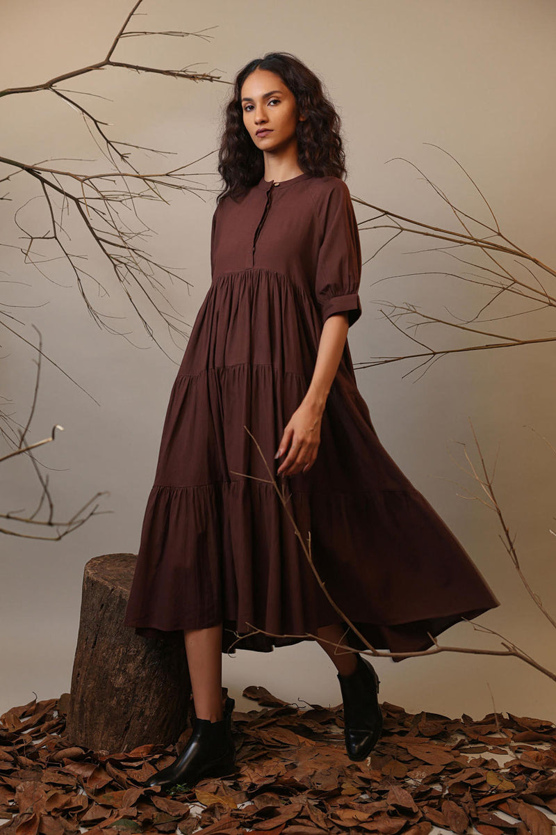 Brown Raglan Tiered Dress 100% cotton by Mati in brown color for women Worldwide