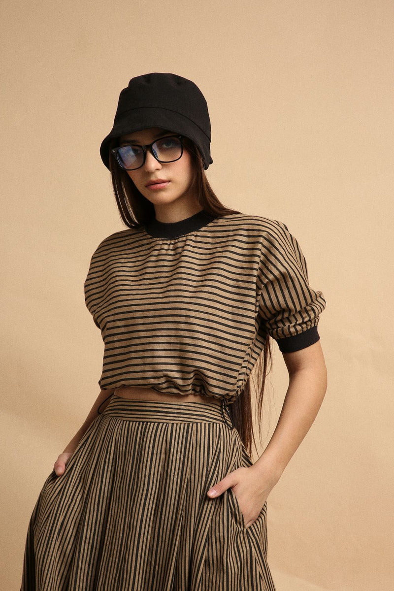Brown Thin Striped New Sphara Crop Top 100% cotton by Mati in brown color for women Worldwide