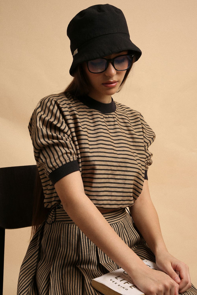 Brown Thin Striped New Sphara Crop Top 100% cotton by Mati in brown color for women Worldwide