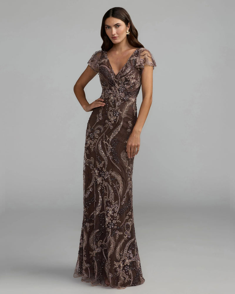 68914-Brown V Neck Flutter Sleeve Embroidered Lace Gown polyester evening-gowns by Mac Duggal in brown for women Worldwide