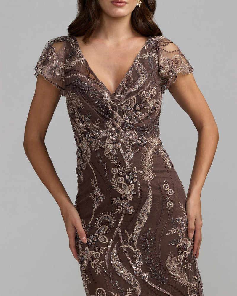 68914-Brown V Neck Flutter Sleeve Embroidered Lace Gown polyester evening-gowns by Mac Duggal in brown for women Worldwide