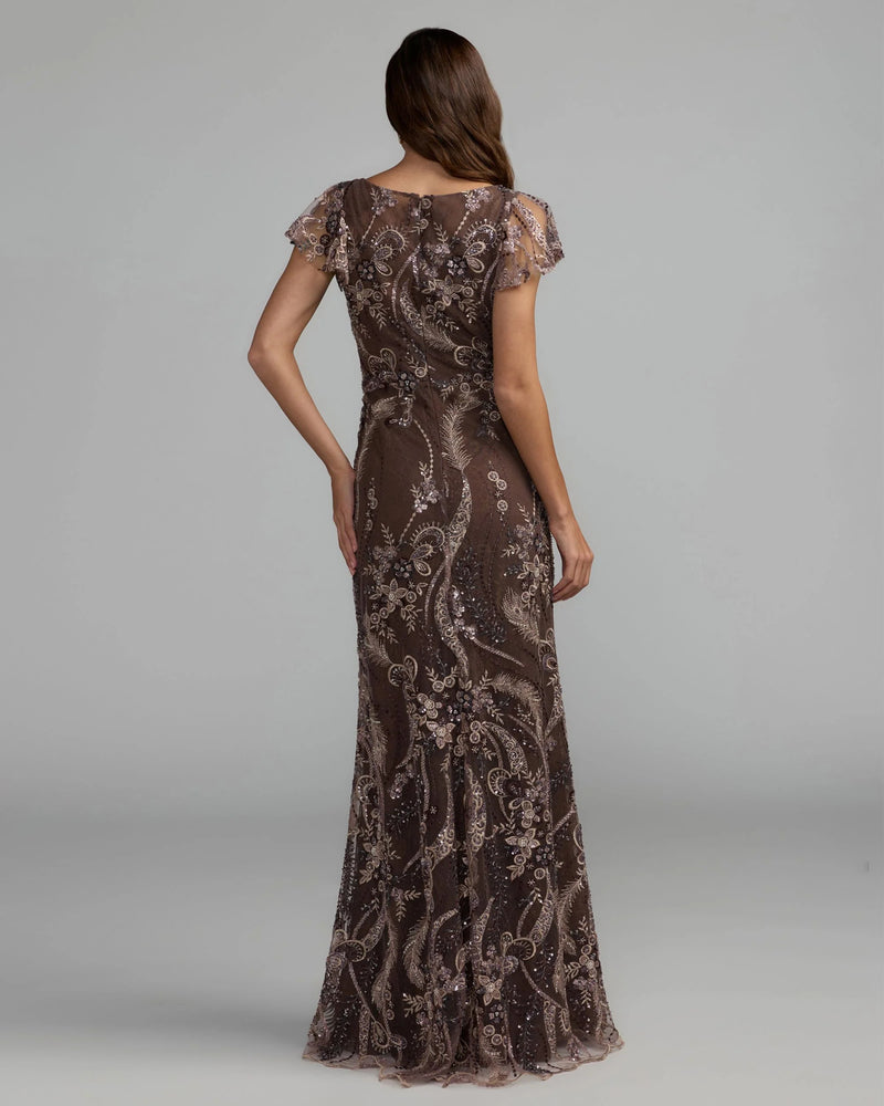68914-Brown V Neck Flutter Sleeve Embroidered Lace Gown polyester evening-gowns by Mac Duggal in brown for women Worldwide
