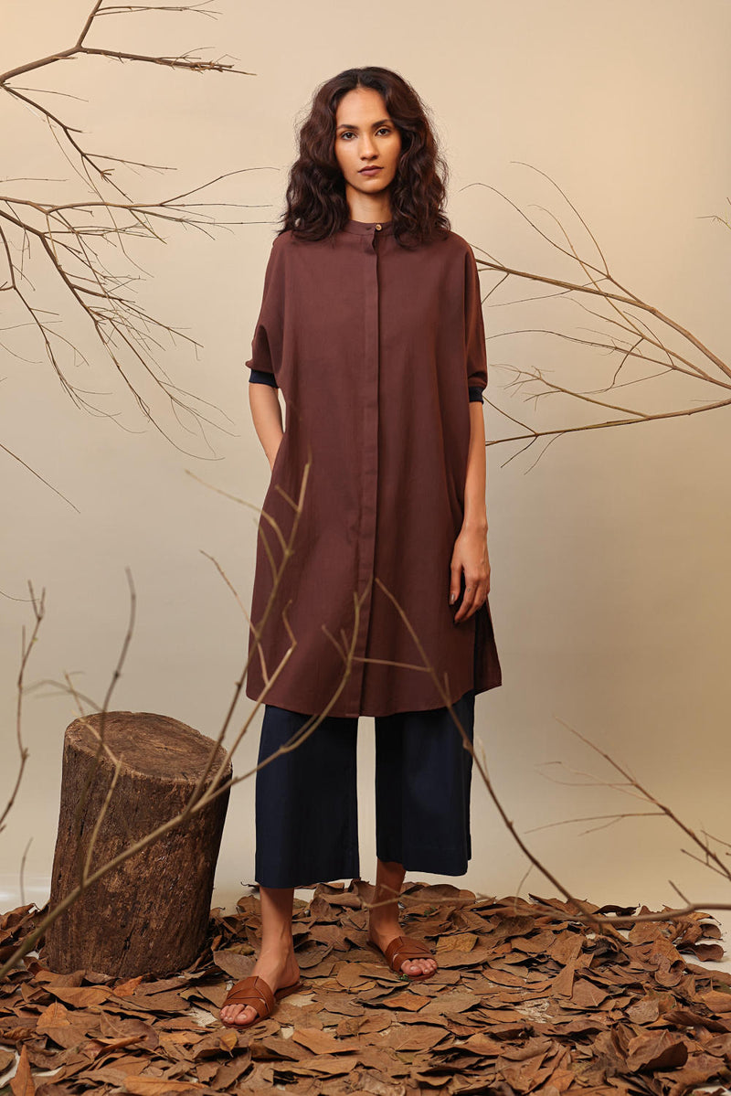 Brown & Blue Shirt Tunic 100% cotton by Mati in brown color for women Worldwide