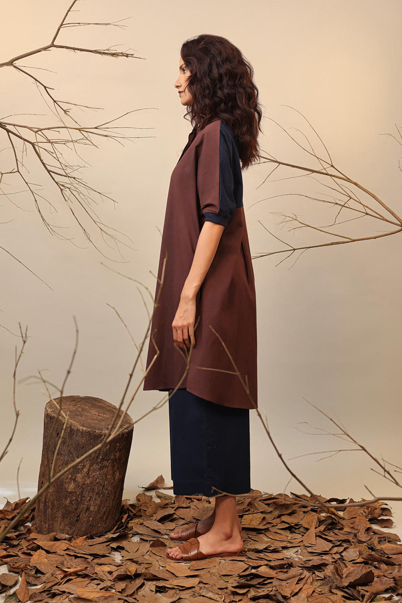 Brown & Blue Shirt Tunic 100% cotton by Mati in brown color for women Worldwide