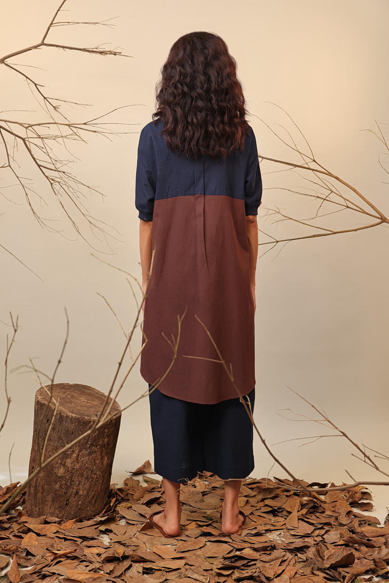 Brown & Blue Shirt Tunic 100% cotton by Mati in brown color for women Worldwide