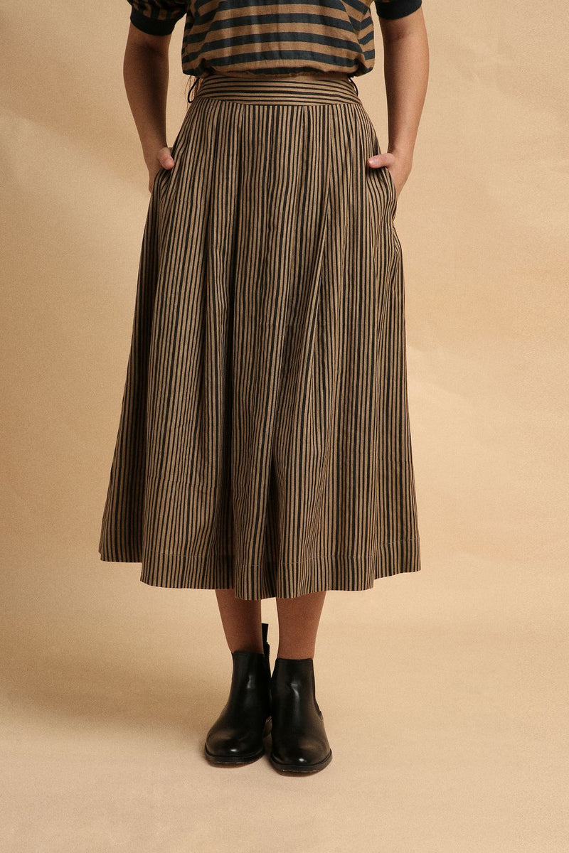 Brown with Narrow Charcoal Striped Box Pleated Skirt 100% cotton by Mati in brown color for women Worldwide