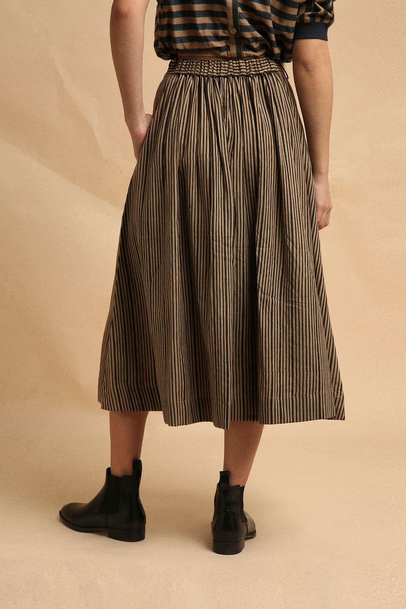 Brown with Narrow Charcoal Striped Box Pleated Skirt 100% cotton by Mati in brown color for women Worldwide