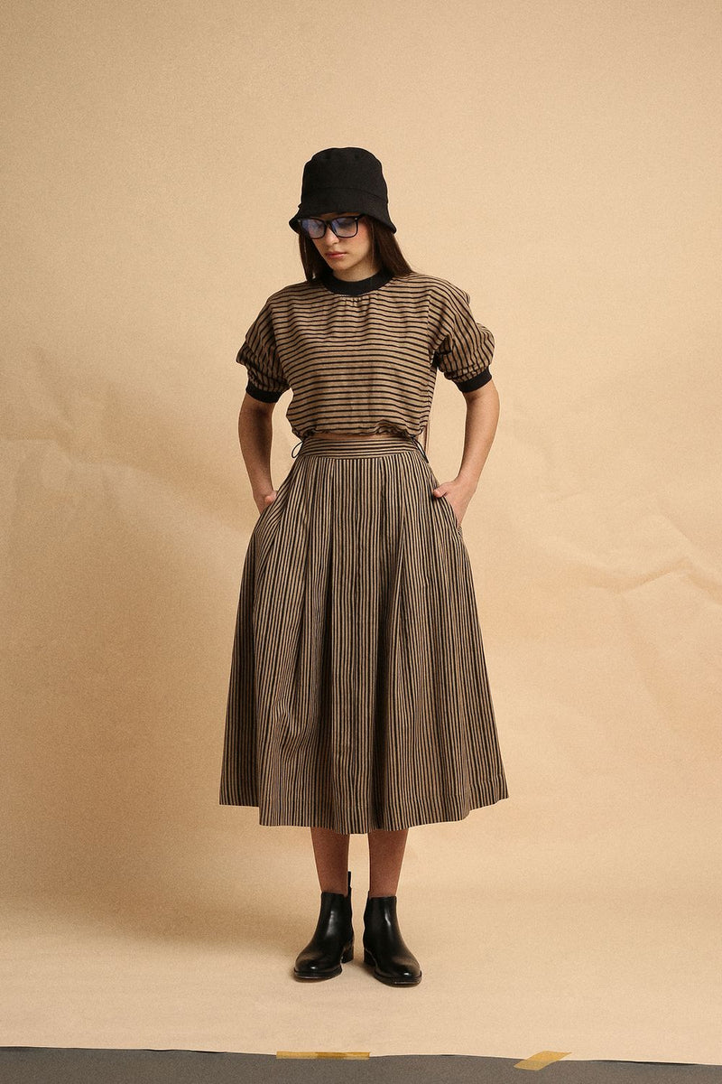Brown with Narrow Charcoal Striped Box Pleated Skirt 100% cotton by Mati in brown color for women Worldwide