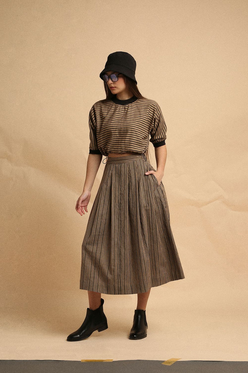 Brown with Narrow Charcoal Striped Box Pleated Skirt 100% cotton by Mati in brown color for women Worldwide