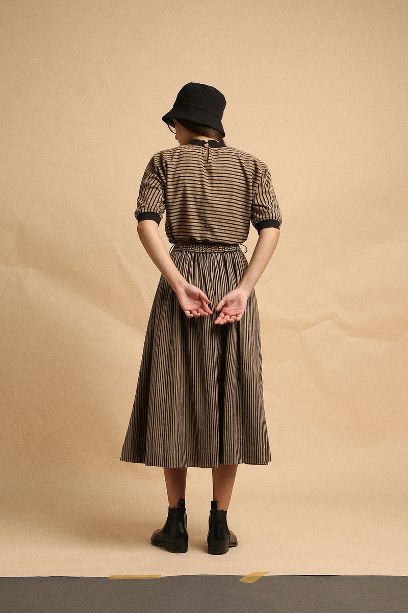 Brown with Narrow Charcoal Striped Box Pleated Skirt 100% cotton by Mati in brown color for women Worldwide
