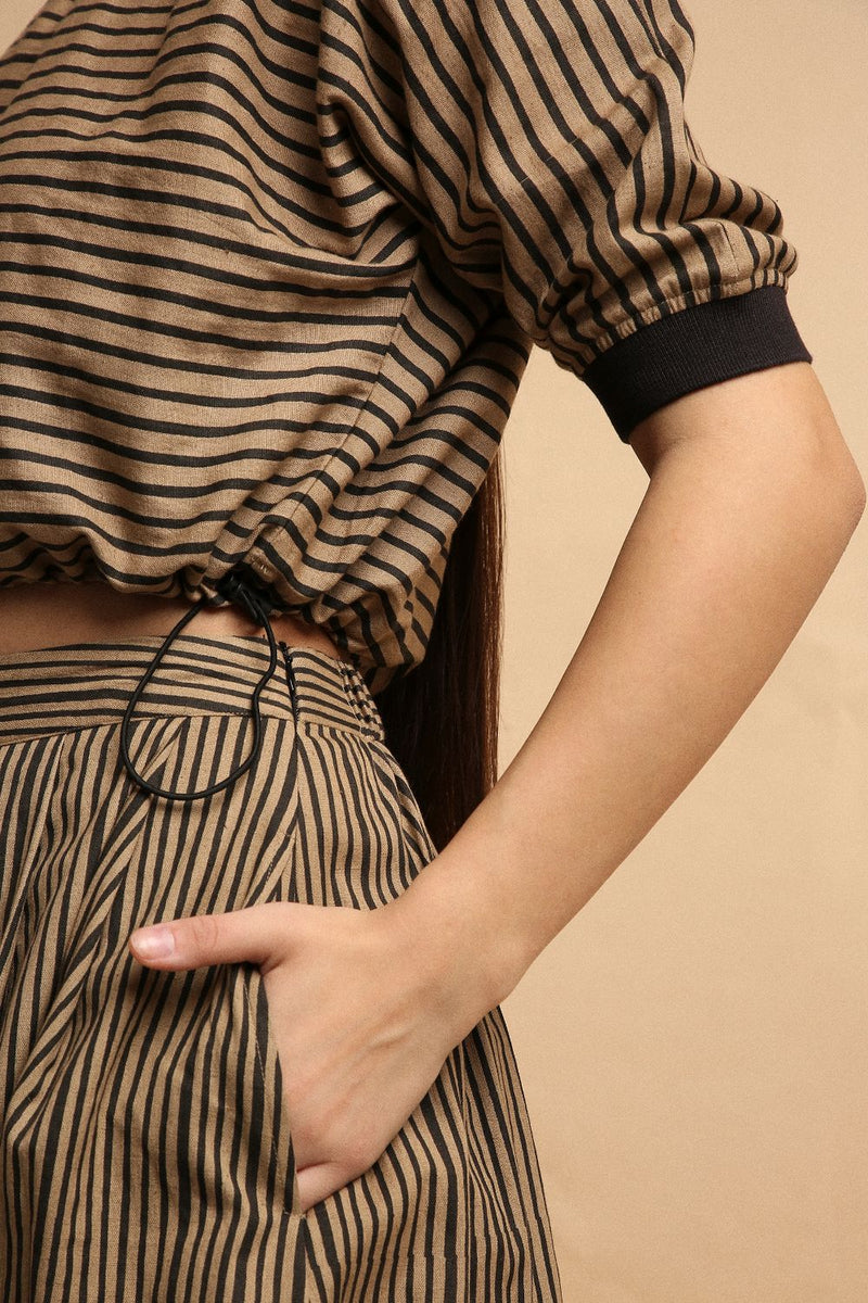 Brown with Narrow Charcoal Striped Box Pleated Skirt 100% cotton by Mati in brown color for women Worldwide