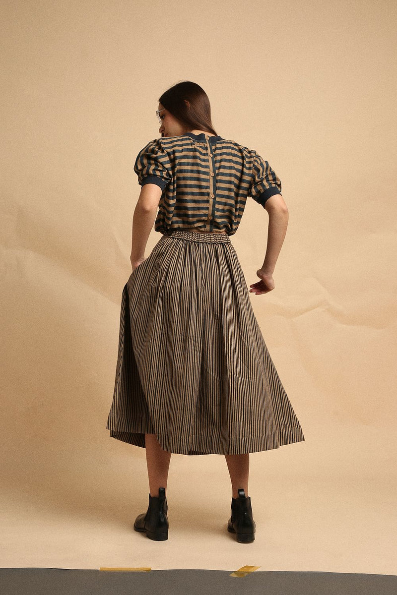 Brown with Narrow Charcoal Striped Box Pleated Skirt 100% cotton by Mati in brown color for women Worldwide