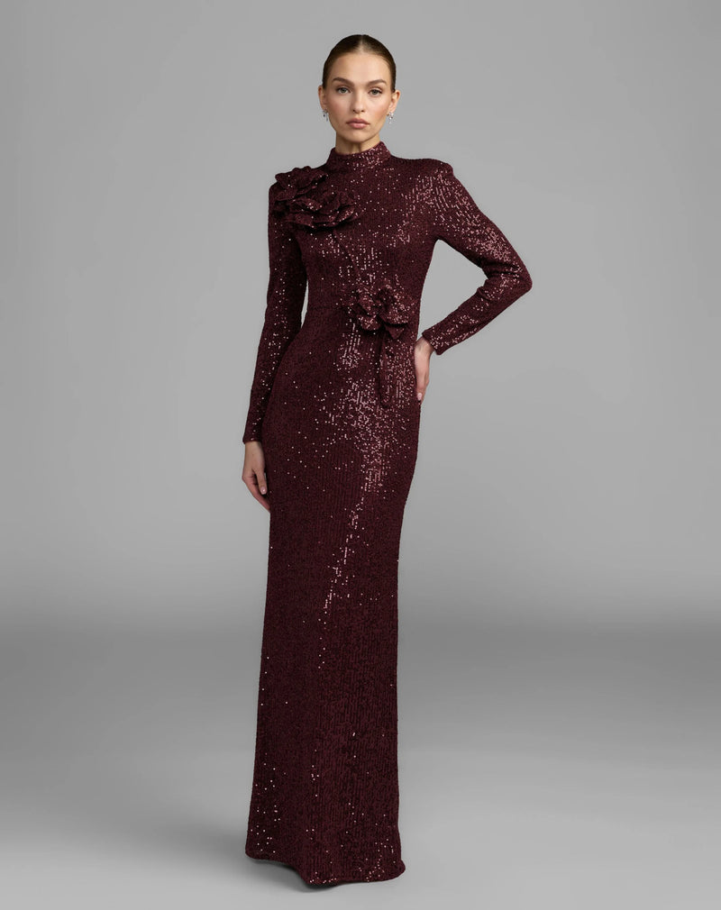 37157-Burgundy Long Sleeve Sequin Gown With Flowers polyester evening-gowns by Mac Duggal in maroon for women Worldwide