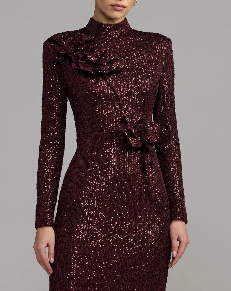 37157-Burgundy Long Sleeve Sequin Gown With Flowers polyester evening-gowns by Mac Duggal in maroon for women Worldwide