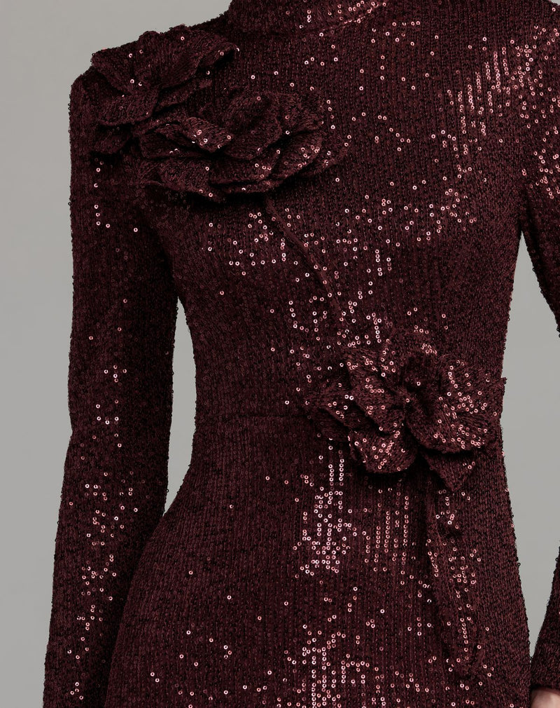 37157-Burgundy Long Sleeve Sequin Gown With Flowers polyester evening-gowns by Mac Duggal in maroon for women Worldwide