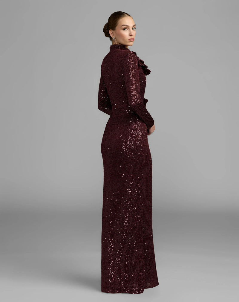 37157-Burgundy Long Sleeve Sequin Gown With Flowers polyester evening-gowns by Mac Duggal in maroon for women Worldwide