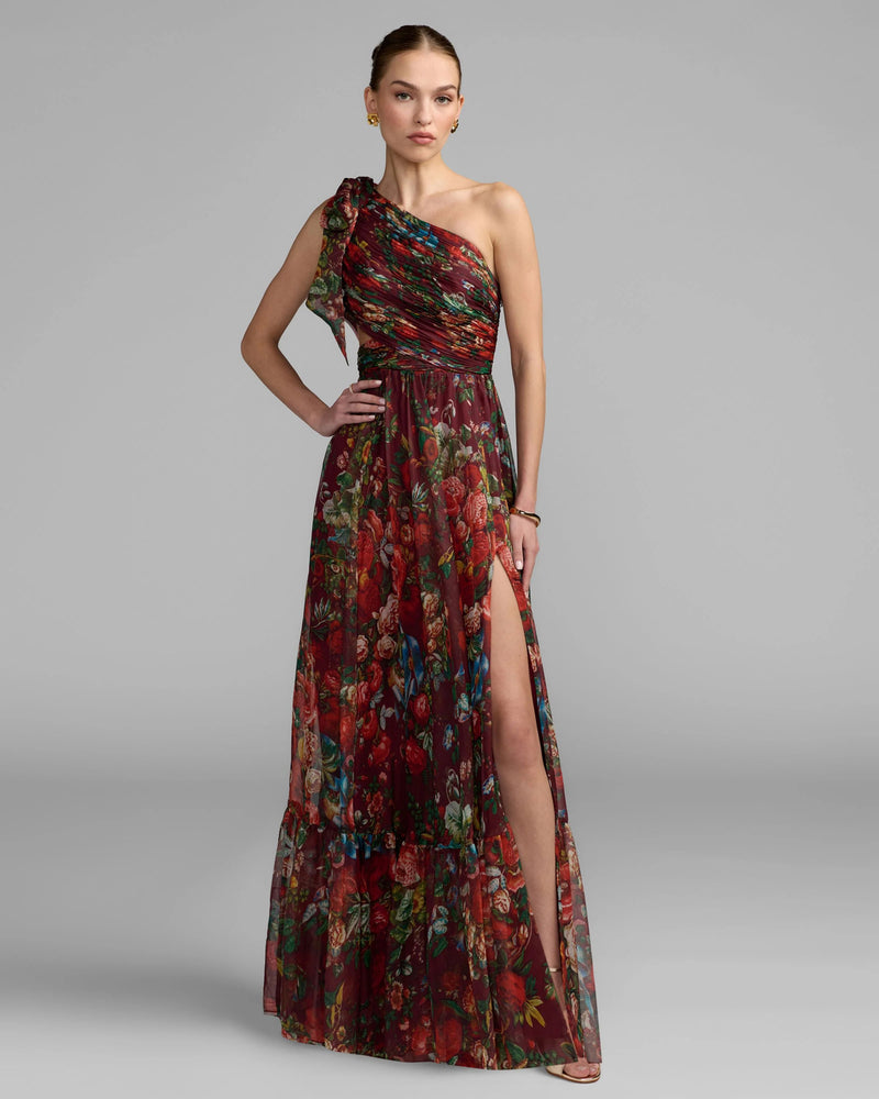 68553-Burgundy One Shoulder Floral Printed Chiffon Side Cut Out Gown polyester cocktail-and-party-dresses by Mac Duggal in multi-color for women Worldwide