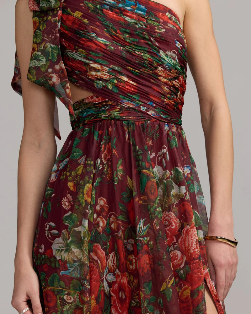 68553-Burgundy One Shoulder Floral Printed Chiffon Side Cut Out Gown polyester cocktail-and-party-dresses by Mac Duggal in multi-color for women Worldwide
