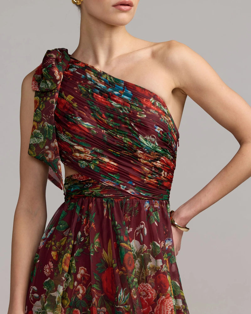 68553-Burgundy One Shoulder Floral Printed Chiffon Side Cut Out Gown polyester cocktail-and-party-dresses by Mac Duggal in multi-color for women Worldwide