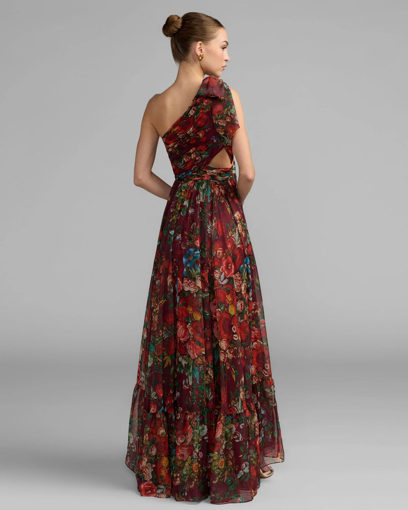 68553-Burgundy One Shoulder Floral Printed Chiffon Side Cut Out Gown polyester cocktail-and-party-dresses by Mac Duggal in multi-color for women Worldwide