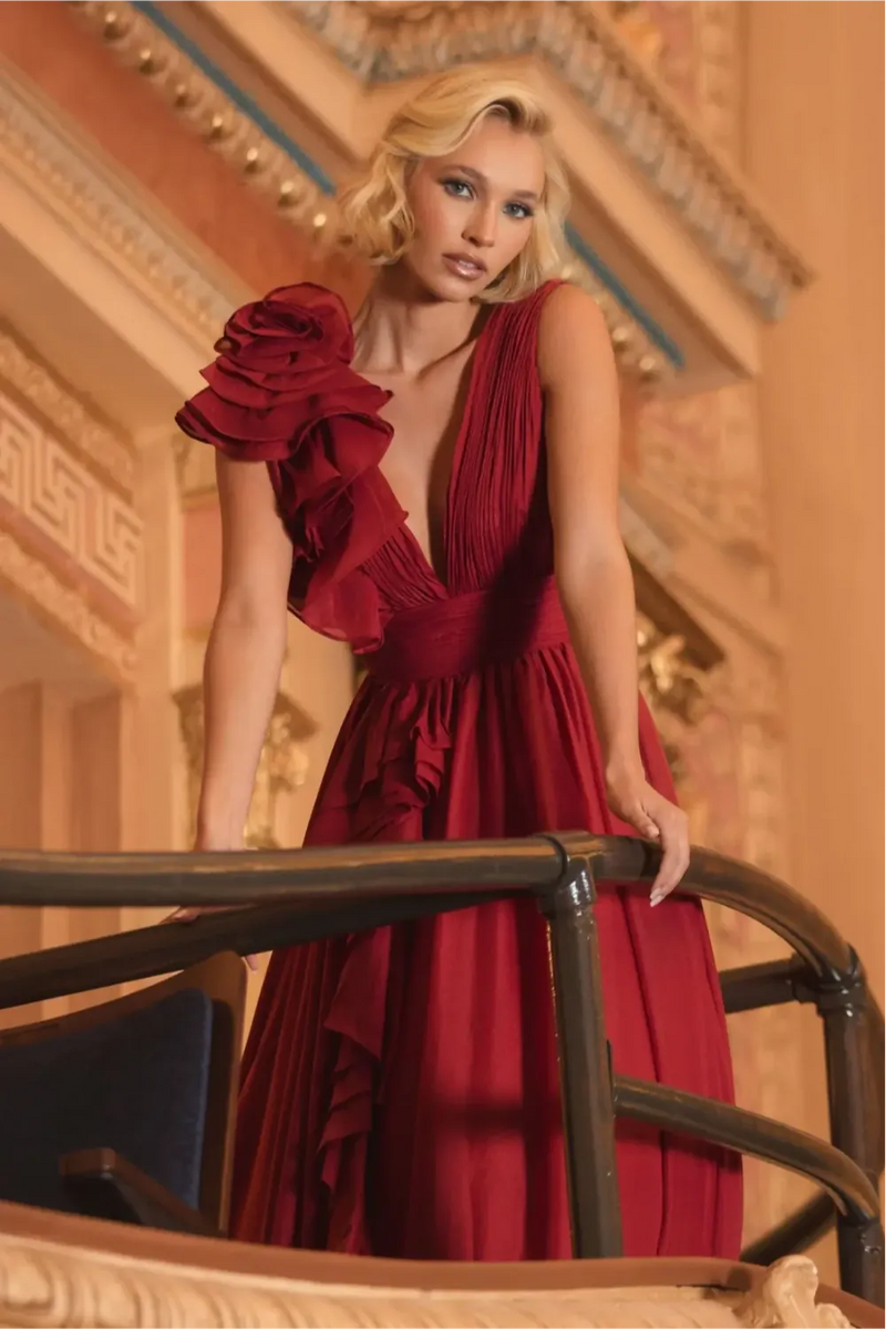 Burgundy Ruffle Shoulder V-Neck Chiffon Gown chiffon by Mac Duggal for women Worldwide