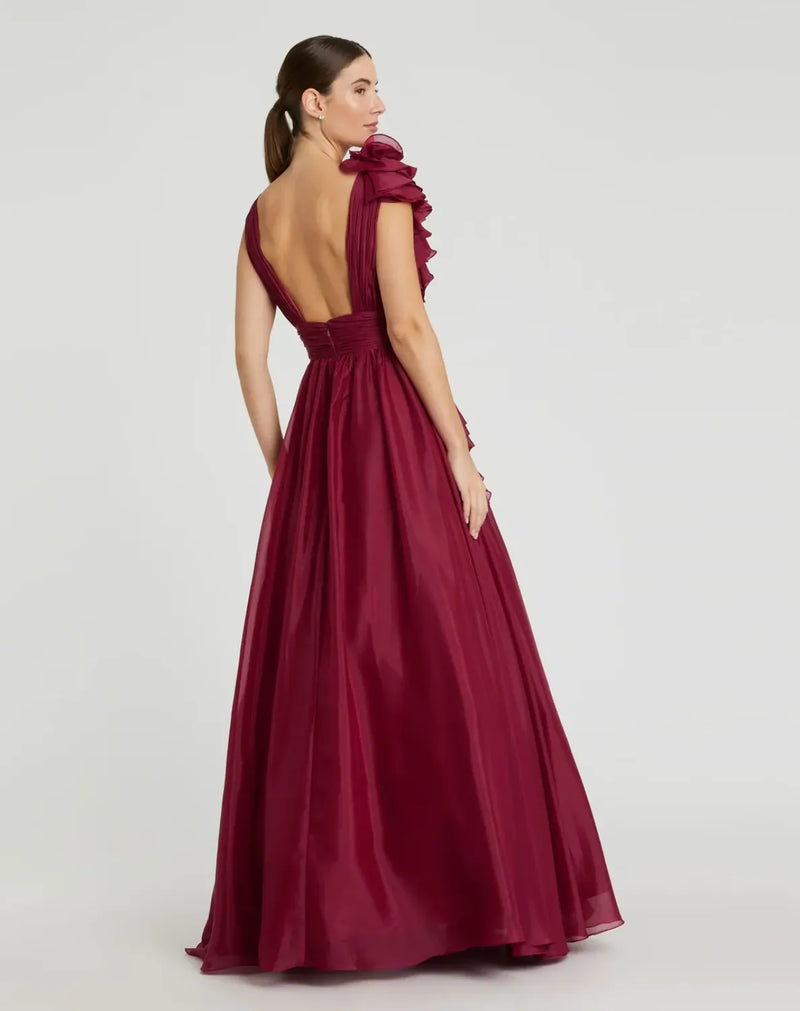 Burgundy Ruffle Shoulder V-Neck Chiffon Gown chiffon by Mac Duggal for women Worldwide