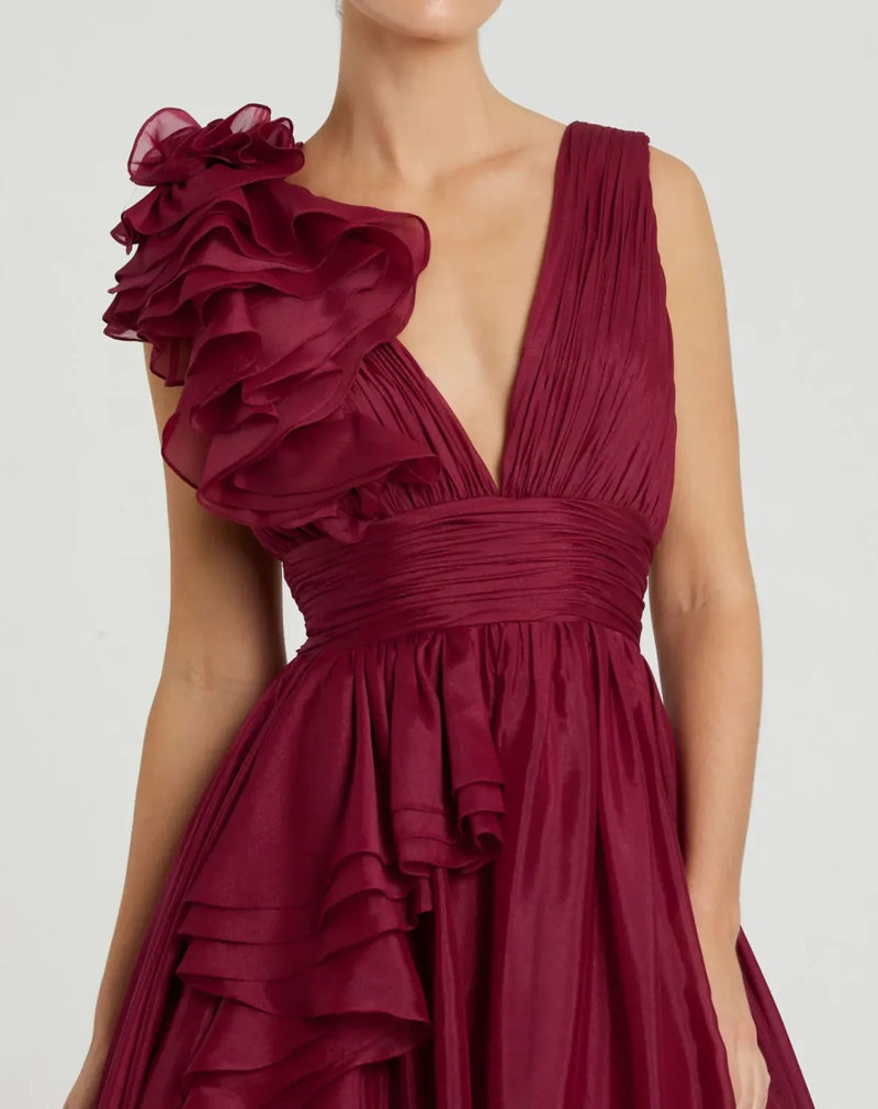 Burgundy Ruffle Shoulder V-Neck Chiffon Gown chiffon by Mac Duggal for women Worldwide