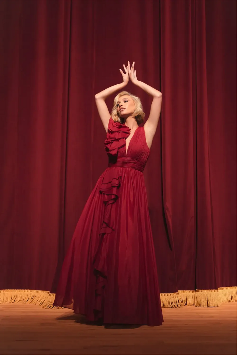 Burgundy Ruffle Shoulder V-Neck Chiffon Gown chiffon by Mac Duggal for women Worldwide