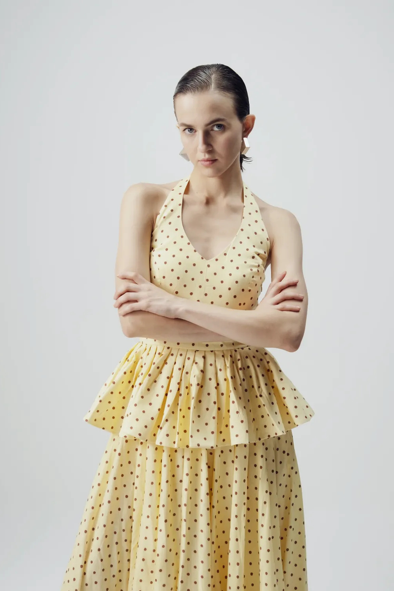 Butter Top And Skirt Set satin by YAM in yellow color for women Worldwide