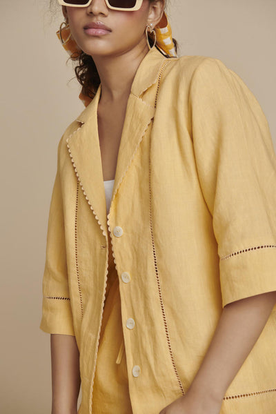 Butterscotch Linen Lapel Collar Shirt Set