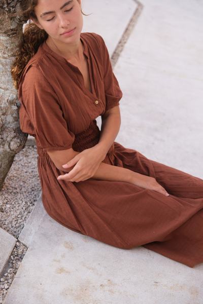 Brown Elasticated Midi Dress