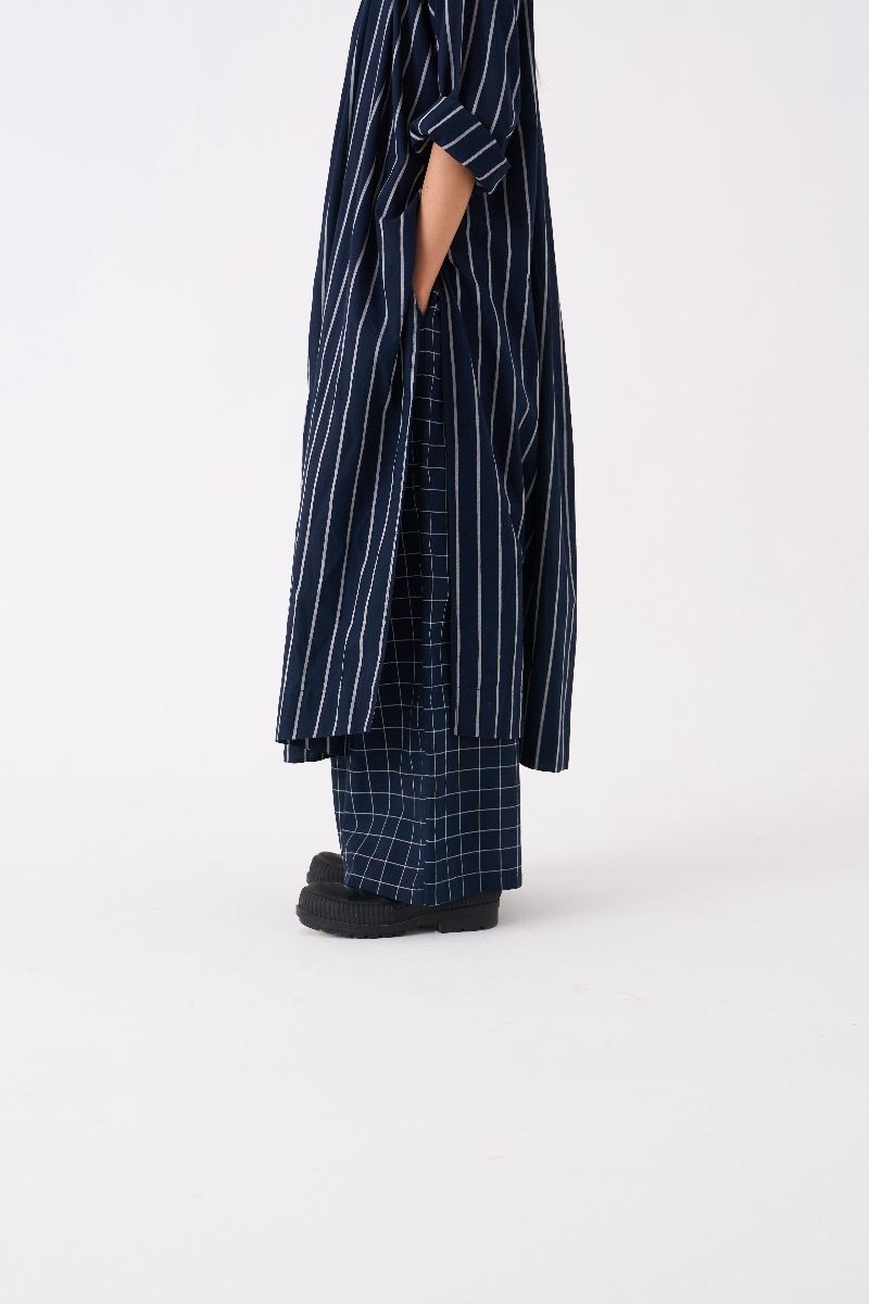 GATHER NECK SHIRT-BLACK STRIPE mul by THREE in black color for women Worldwide