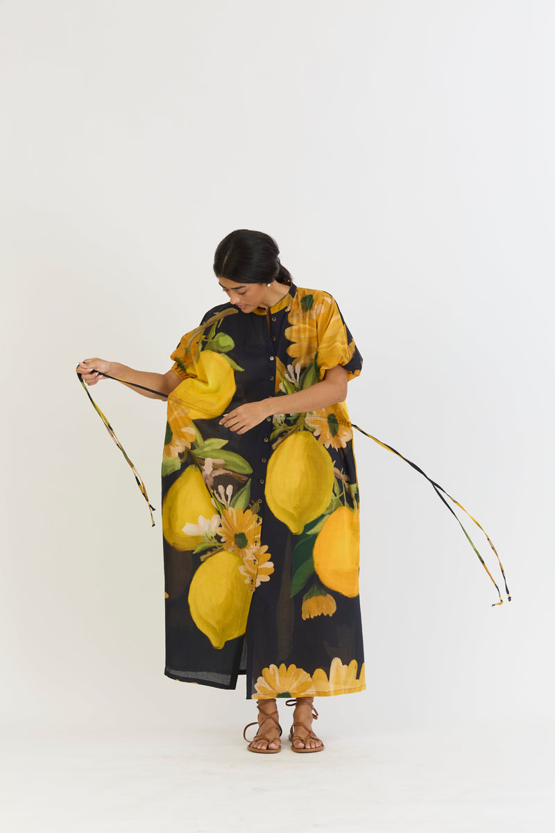 POMELLO SIDE TIE UP DRESS cotton by Yam in yellow color for women Worldwide